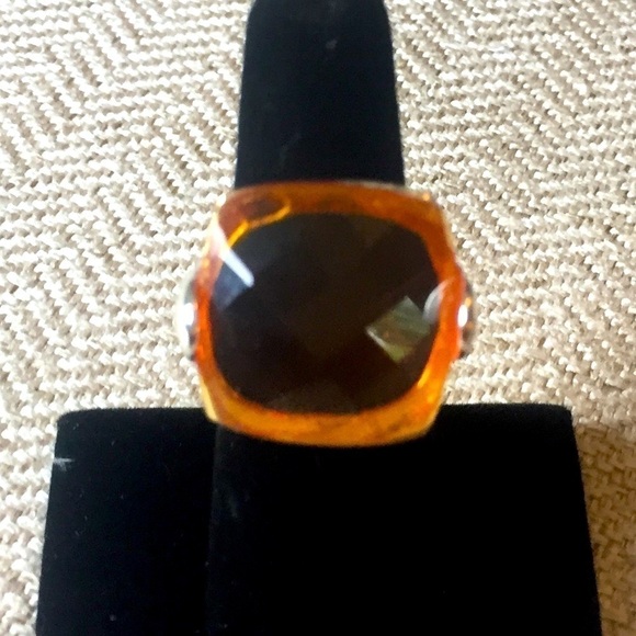 Large Orange Cushion Quartz Ring Checkerboard Faceted - Picture 5 of 9